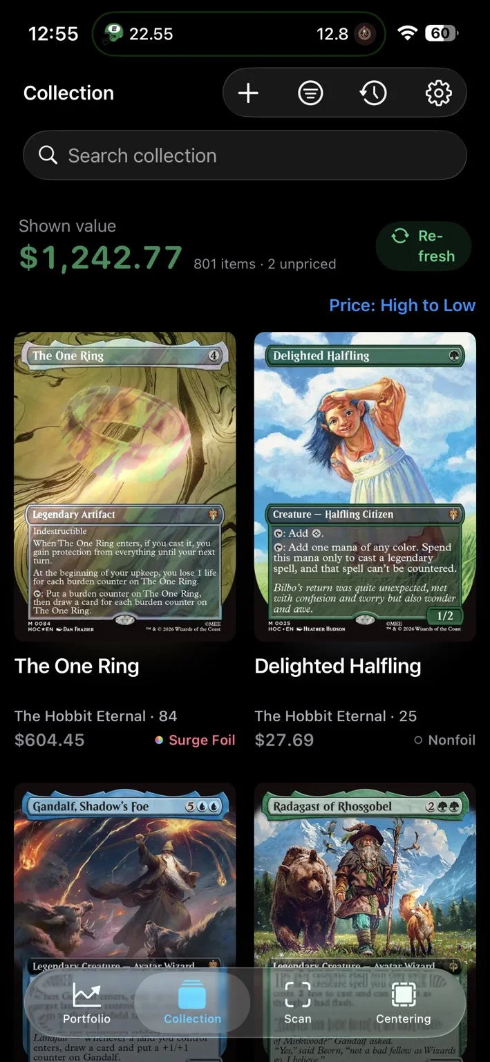 Scanstash collection interface showing a populated Magic: The Gathering collection