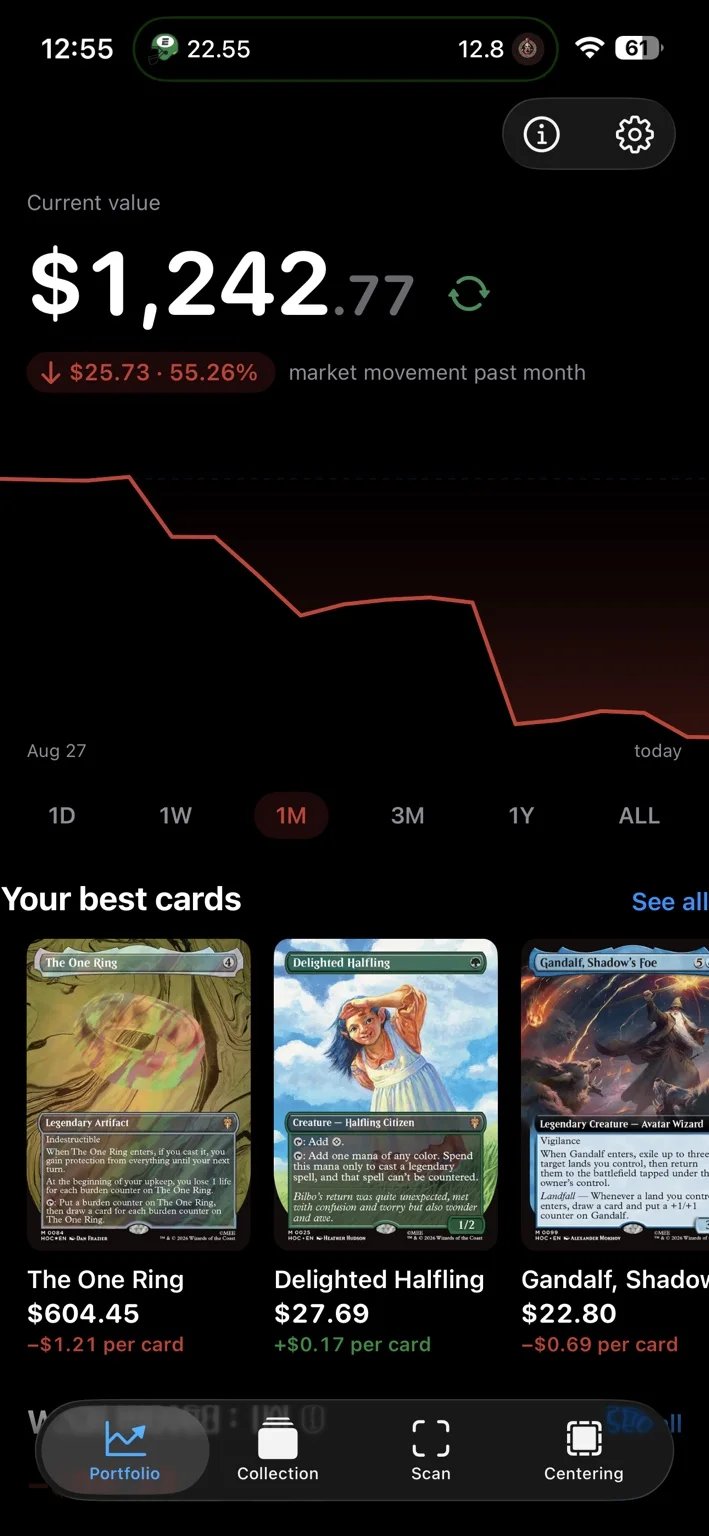 Scanstash portfolio interface showing collection value, market movement, and top cards